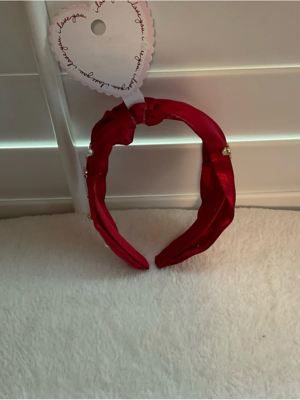 Primark Red Satin Knotted Headband with Pearl & Gold Details